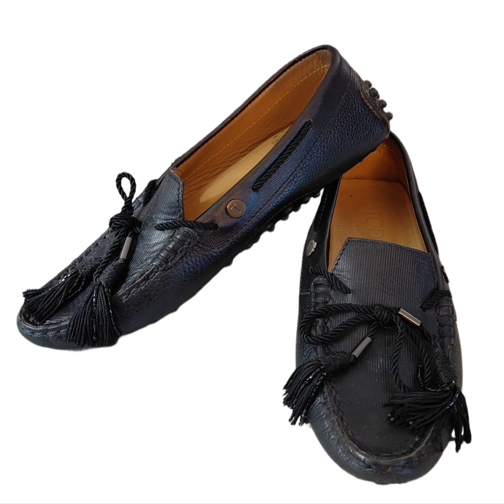 Tod’s Gommino Black Leather Tassled Loafers Women's Driving Moccasins Size 6.5